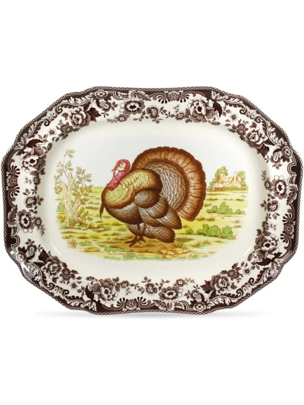 Spode Woodland 19" Octagonal Serving Platter, Turkey Motif - Fine Porcelain